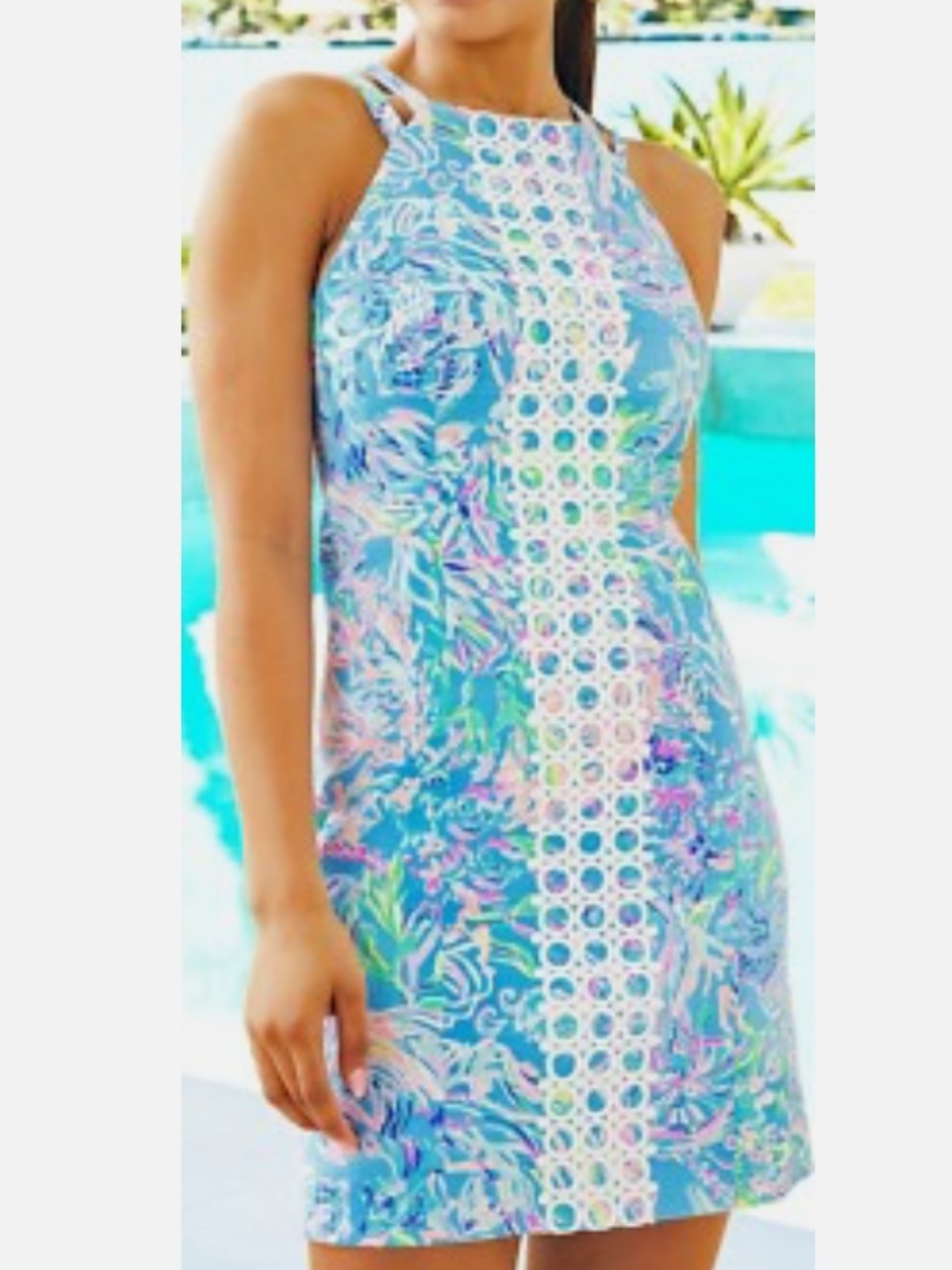 Lilly Pulitzer Blue Floral Midi Dress with White Crochet Panel